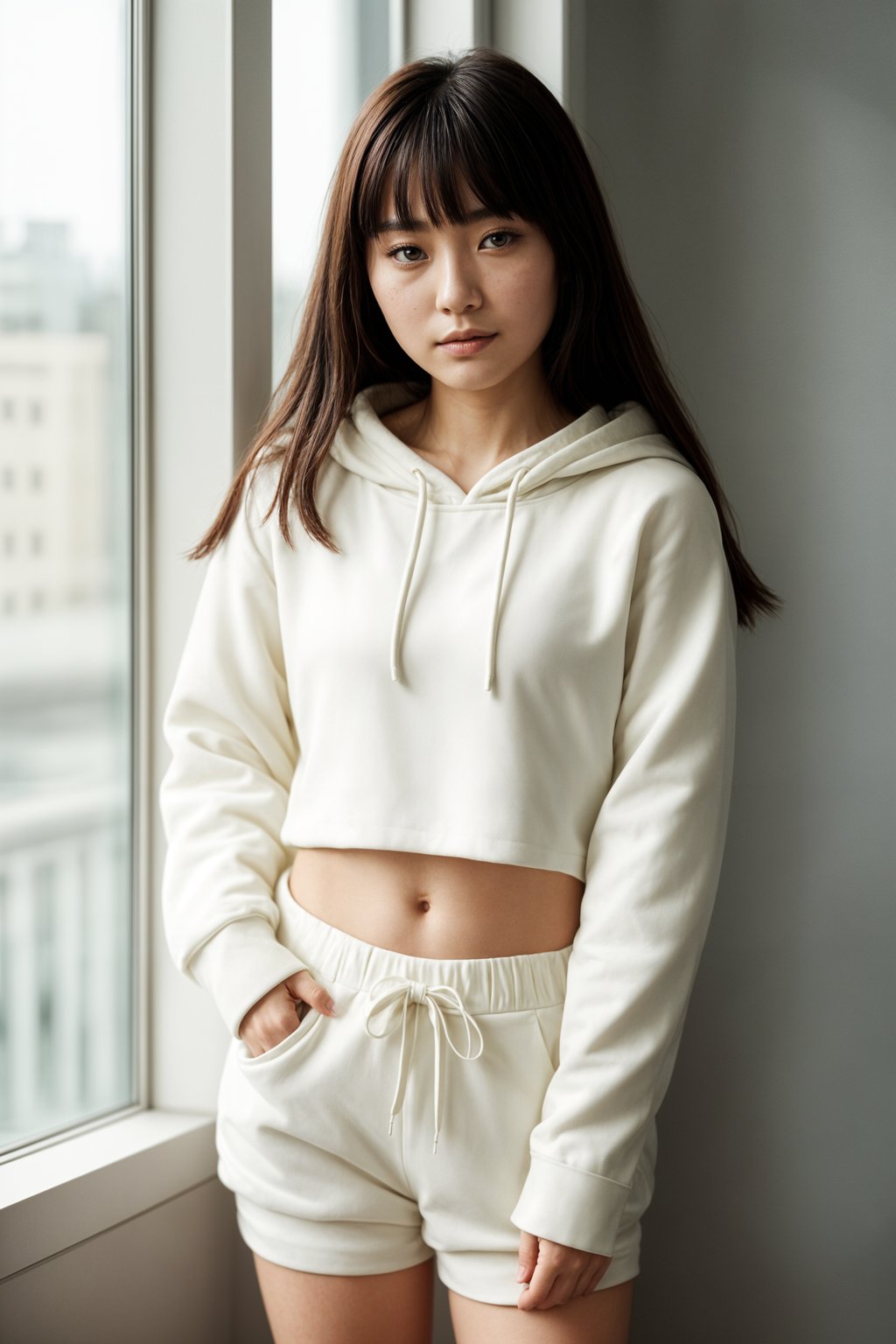 smiling woman wearing cropped cream hoodie  in try on fashion shoot for Zara Shein H&M