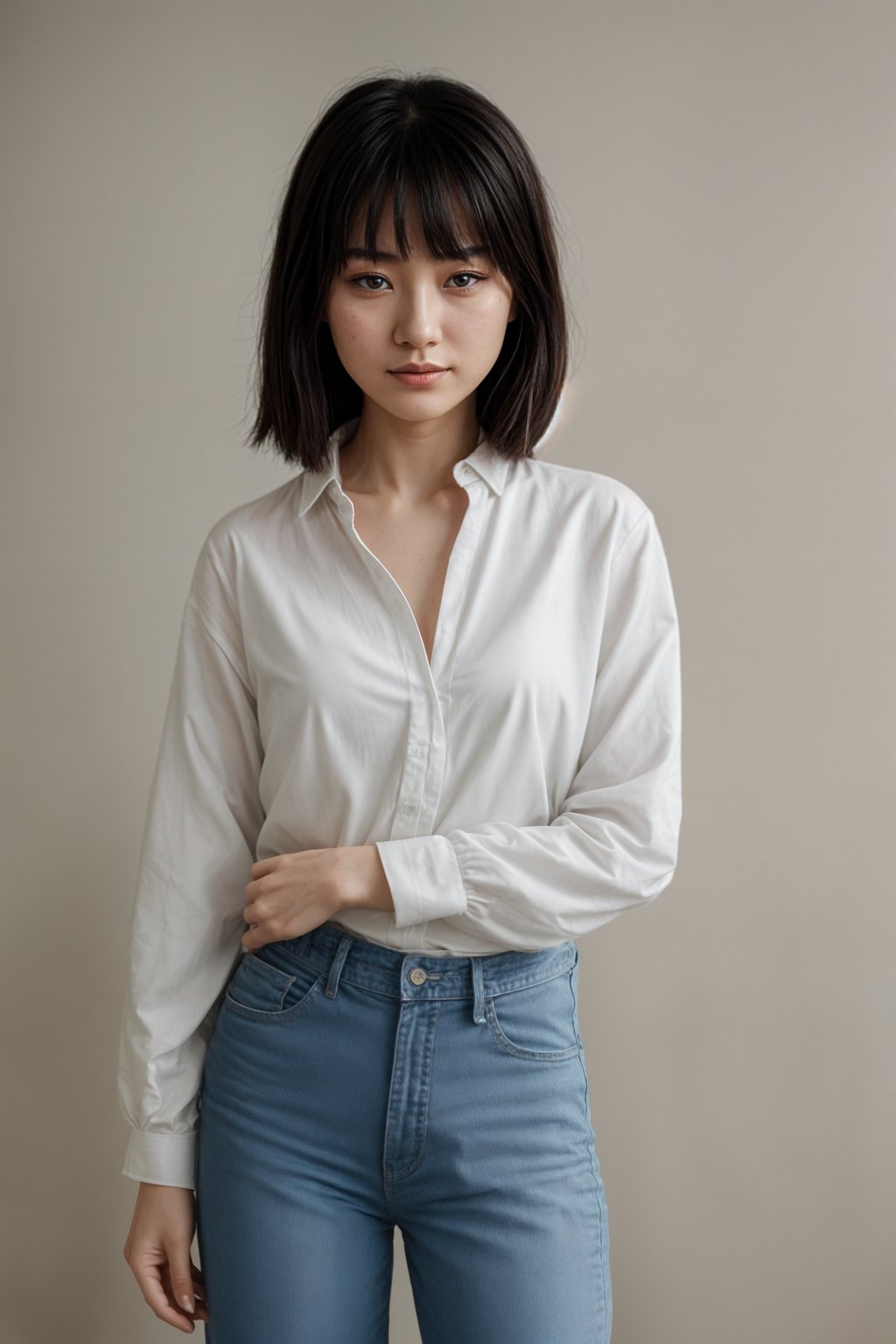 smiling woman wearing white cropped blouse and denim jeans  in try on fashion shoot for Zara Shein H&M