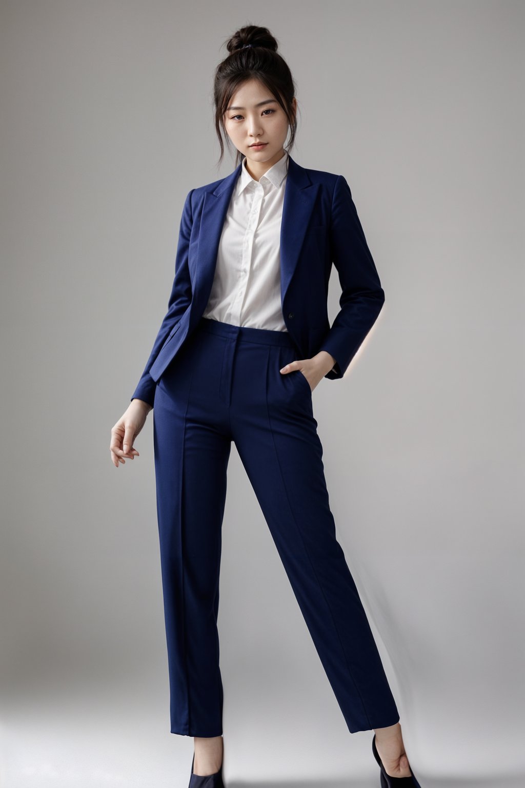 smiling woman wearing navy colopink pants suit  in try on fashion shoot for Zara Shein H&M