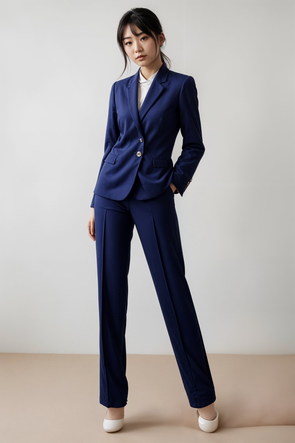 smiling woman wearing navy colopink pants suit  in try on fashion shoot for Zara Shein H&M