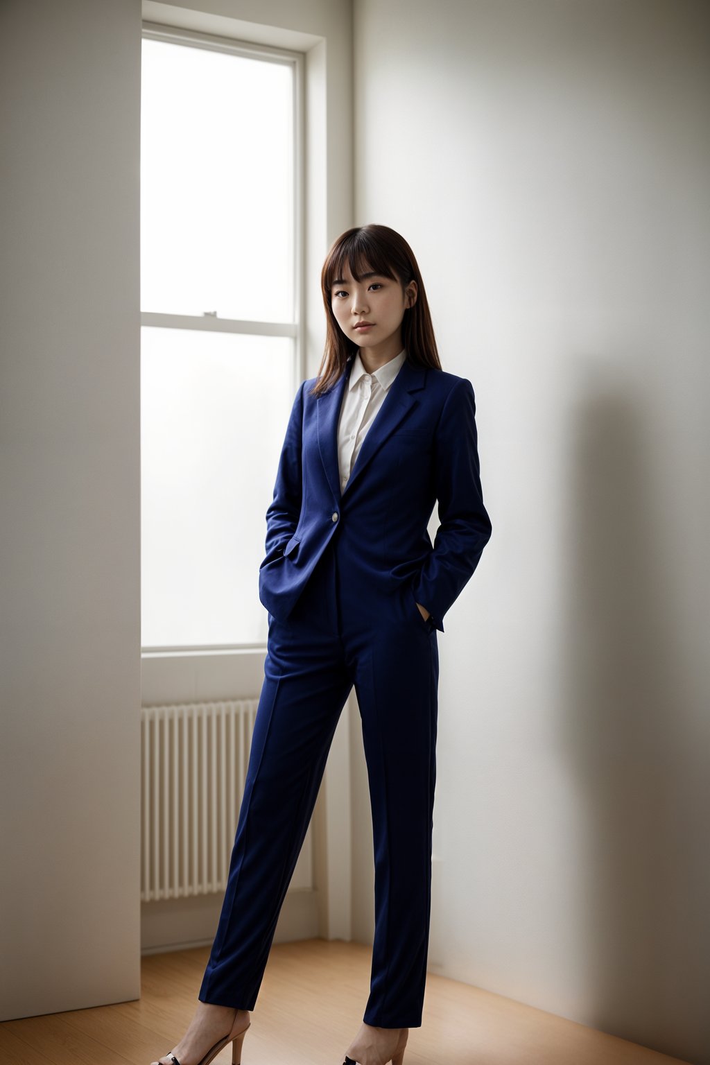 smiling woman wearing navy colopink pants suit  in try on fashion shoot for Zara Shein H&M