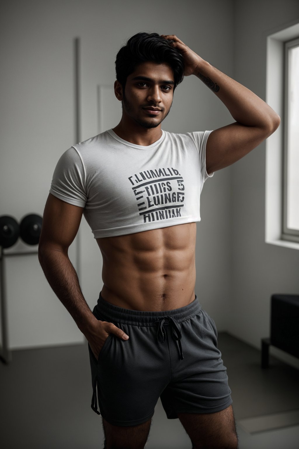 smiling man wearing  t-shirt and gym shorts in try on fashion shoot for Zara Shein H&M