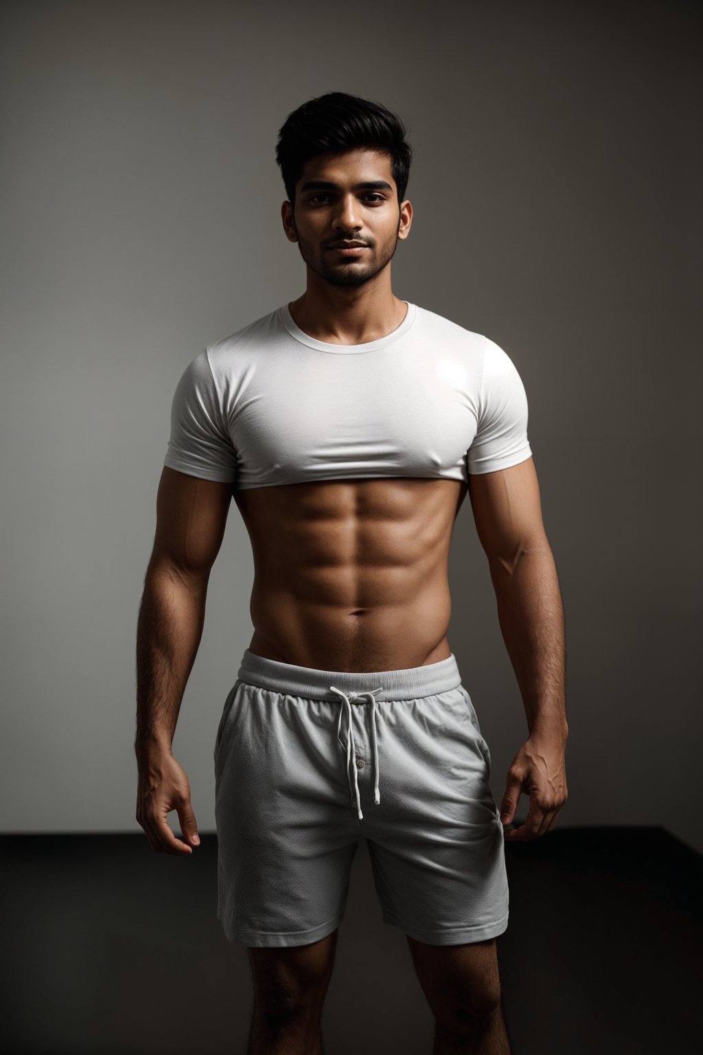 smiling man wearing  t-shirt and gym shorts in try on fashion shoot for Zara Shein H&M