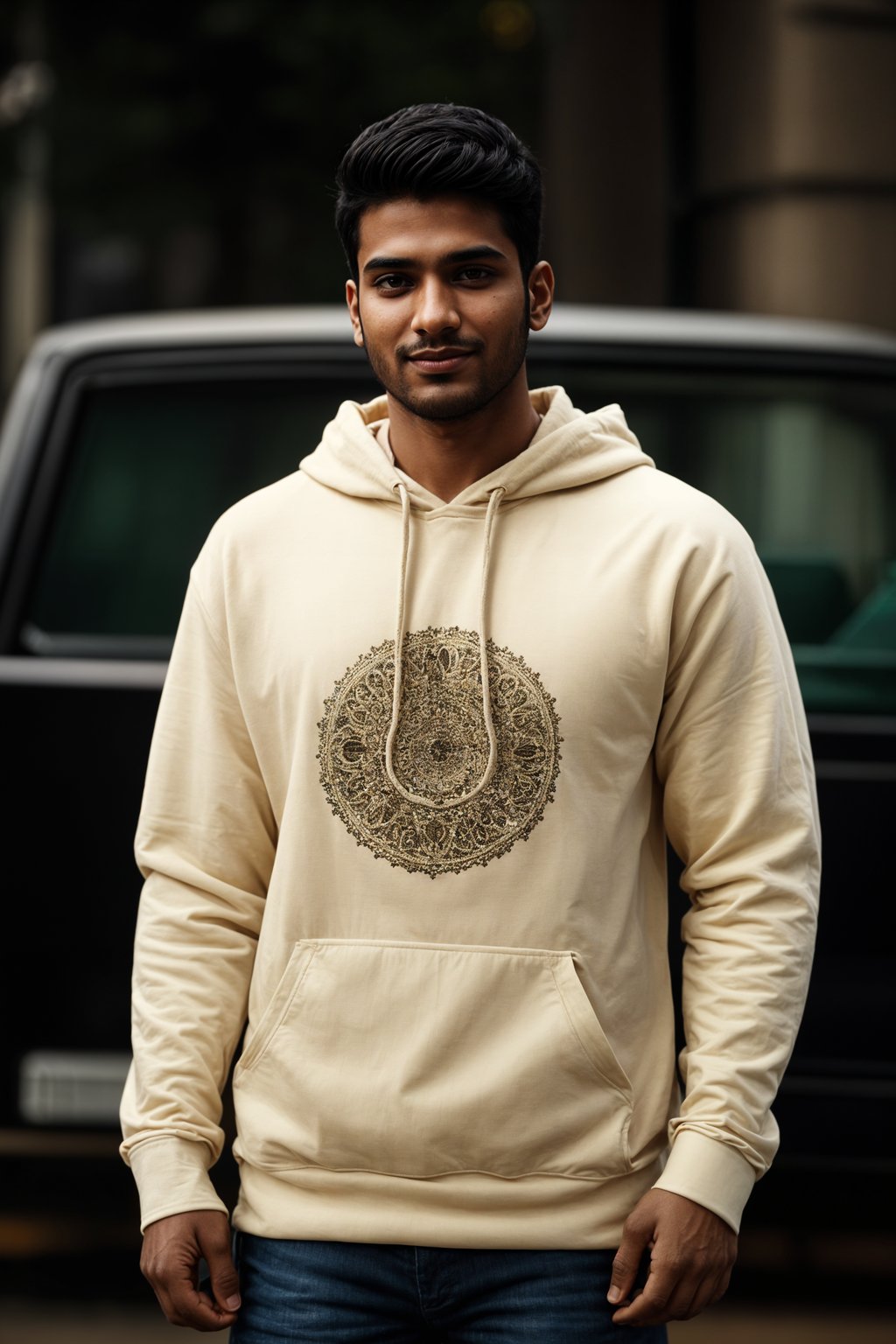 smiling man wearing  cream hoodie in try on fashion shoot for Zara Shein H&M