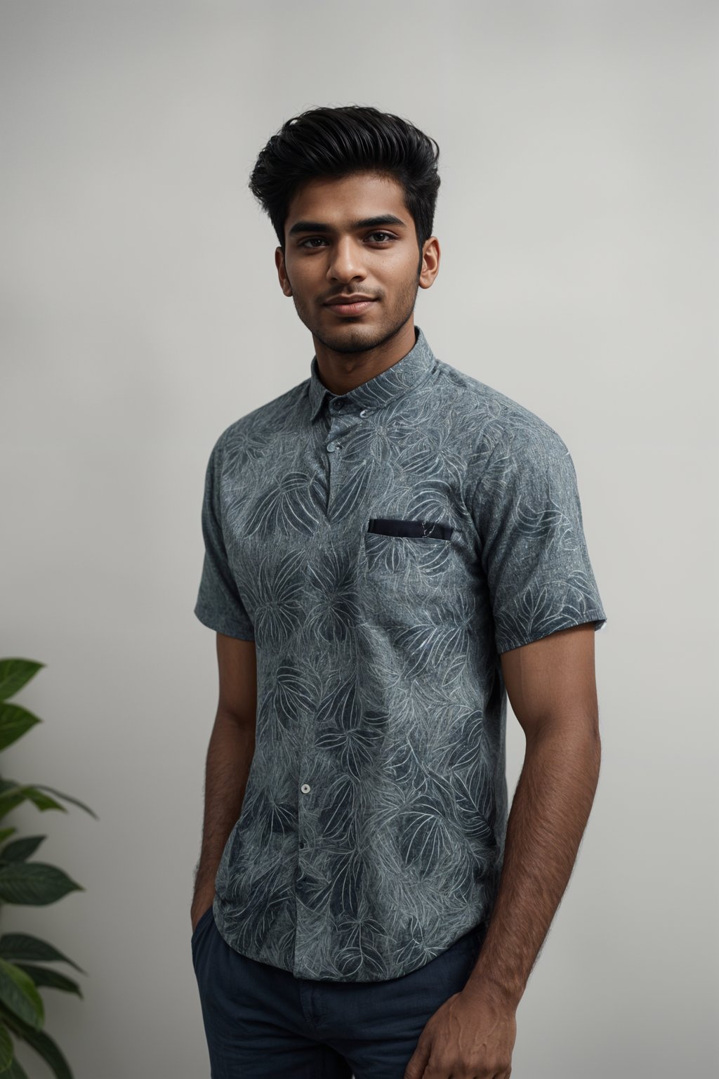 smiling man wearing  hawaii shirt in try on fashion shoot for Zara Shein H&M