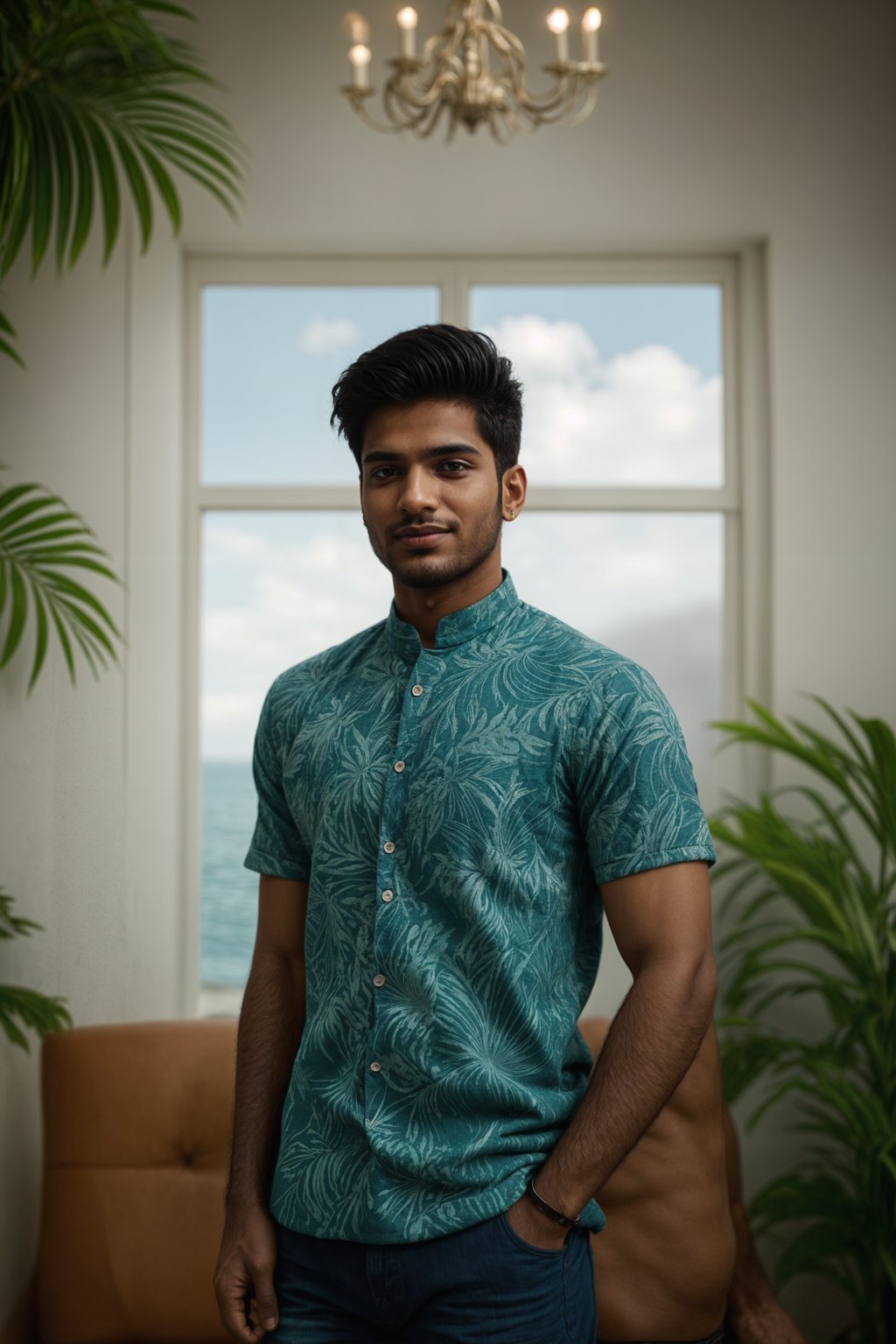 smiling man wearing  hawaii shirt in try on fashion shoot for Zara Shein H&M