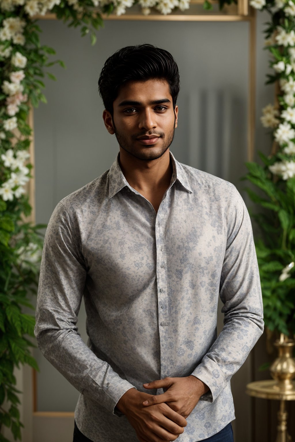 smiling man wearing  floral silk shirt in try on fashion shoot for Zara Shein H&M