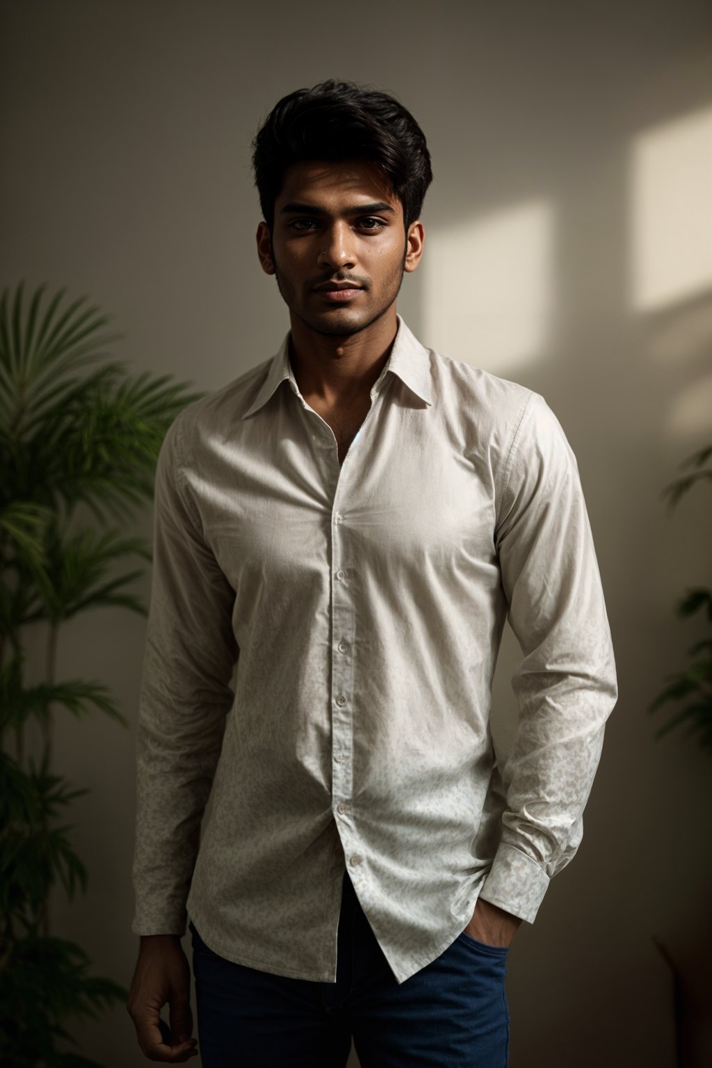 smiling man wearing  floral silk shirt in try on fashion shoot for Zara Shein H&M