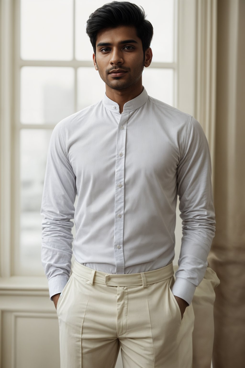 smiling man wearing  white collar shirt in try on fashion shoot for Zara Shein H&M