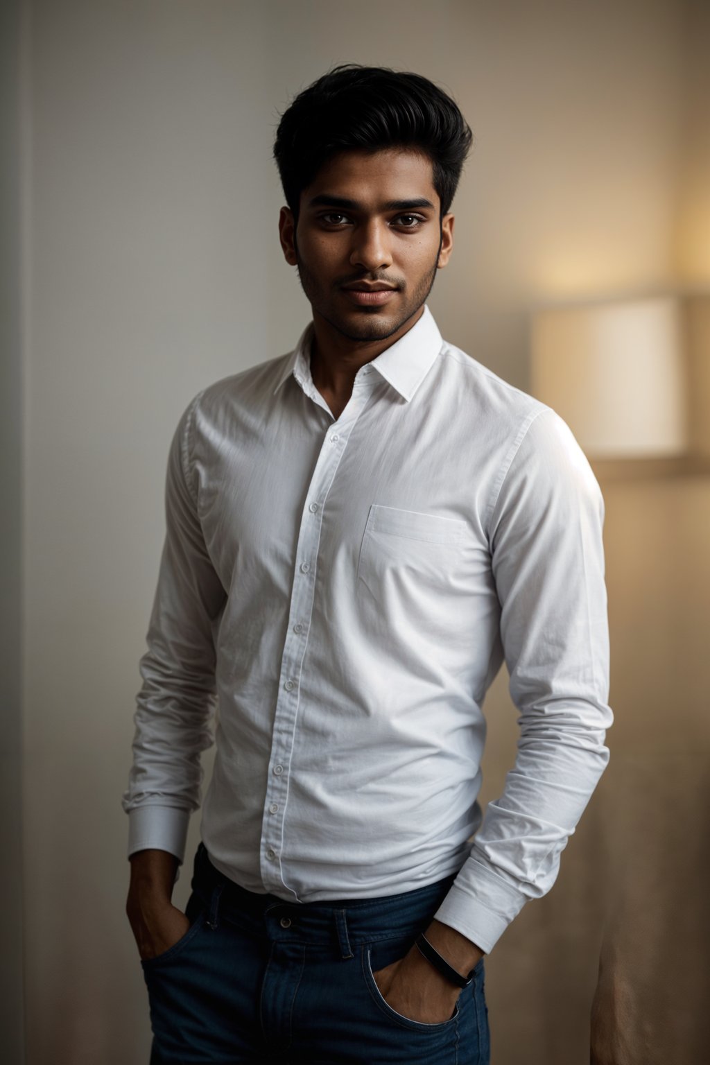 smiling man wearing  white collar shirt in try on fashion shoot for Zara Shein H&M