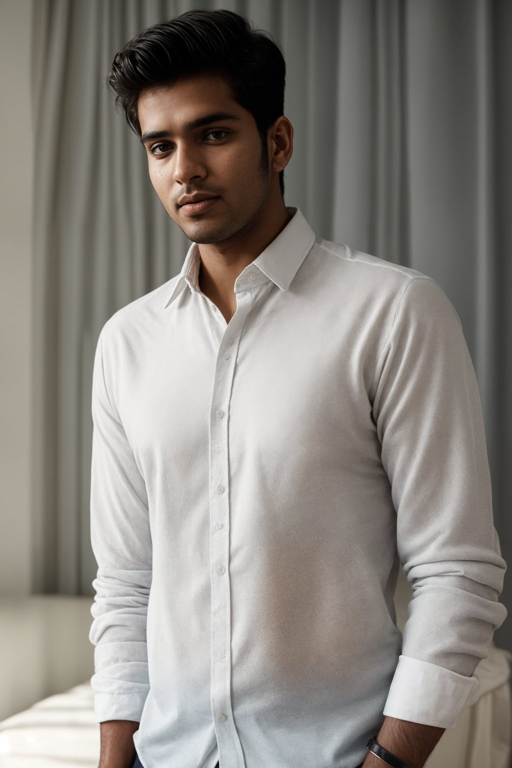 smiling man wearing  white collar shirt in try on fashion shoot for Zara Shein H&M