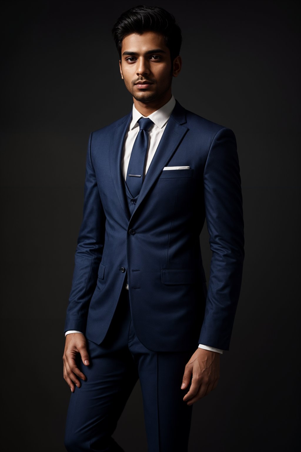 smiling man wearing  navy colored suit in try on fashion shoot for Zara Shein H&M