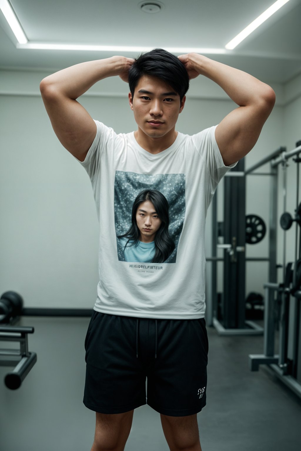 smiling man wearing  t-shirt and gym shorts in try on fashion shoot for Zara Shein H&M