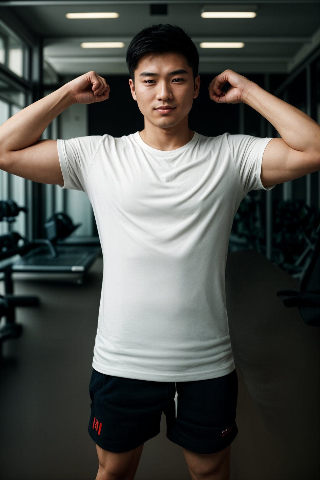 smiling man wearing  t-shirt and gym shorts in try on fashion shoot for Zara Shein H&M