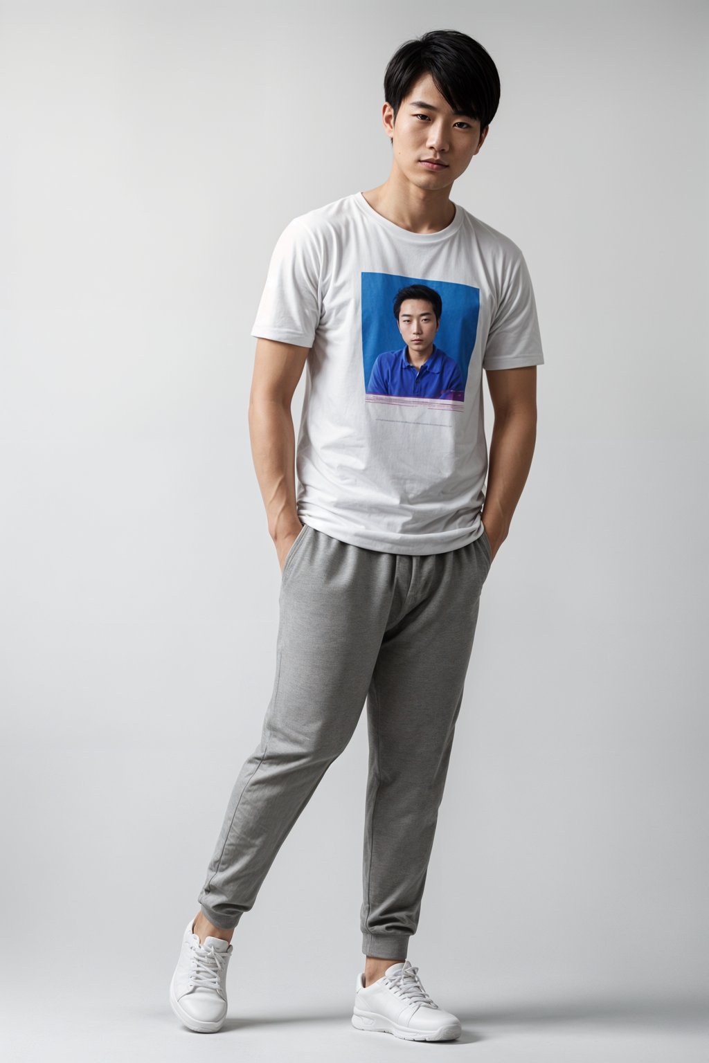 smiling man wearing  t-shirt and pants in try on fashion shoot for Zara Shein H&M