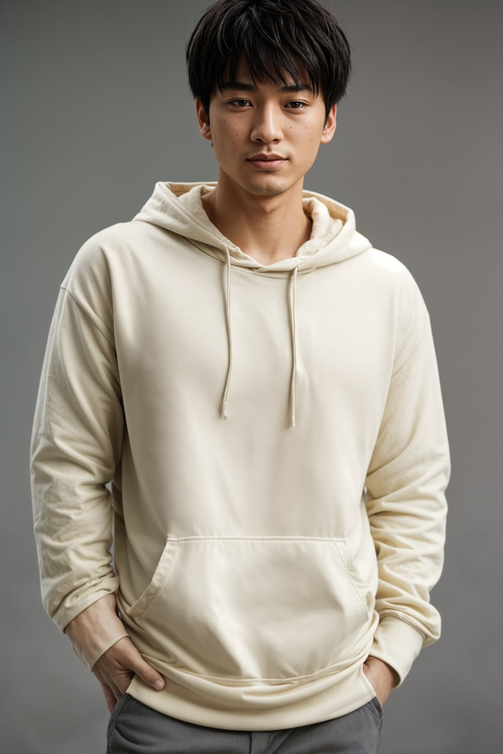 smiling man wearing  cream hoodie in try on fashion shoot for Zara Shein H&M