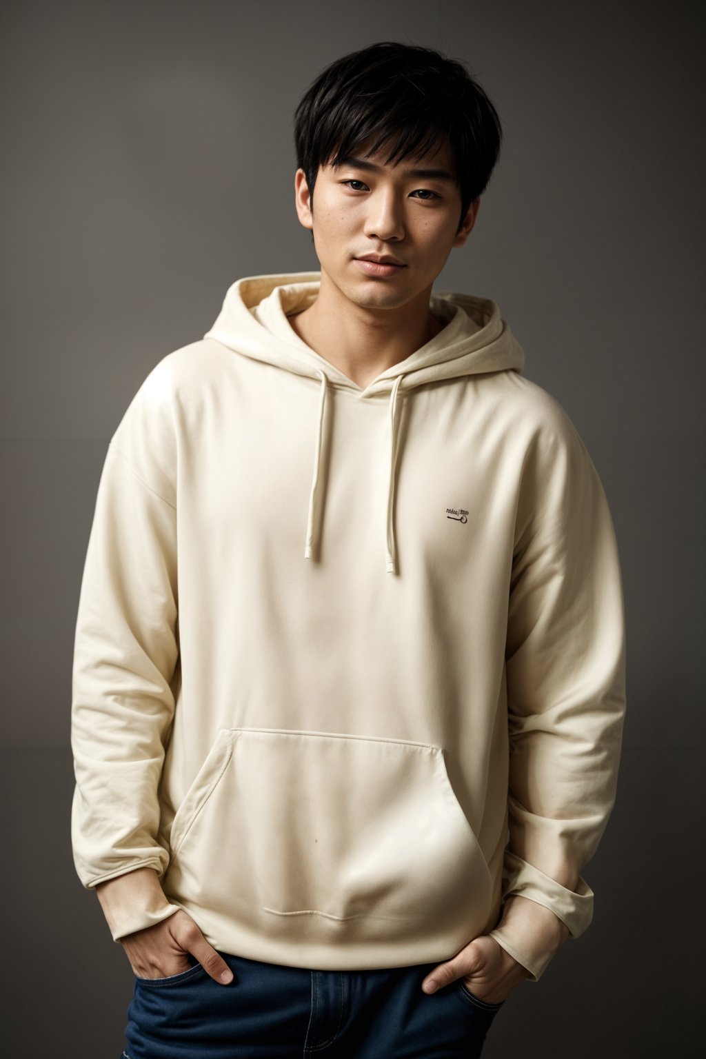 smiling man wearing  cream hoodie in try on fashion shoot for Zara Shein H&M