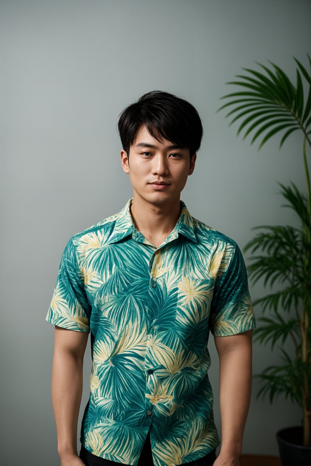 smiling man wearing  hawaii shirt in try on fashion shoot for Zara Shein H&M