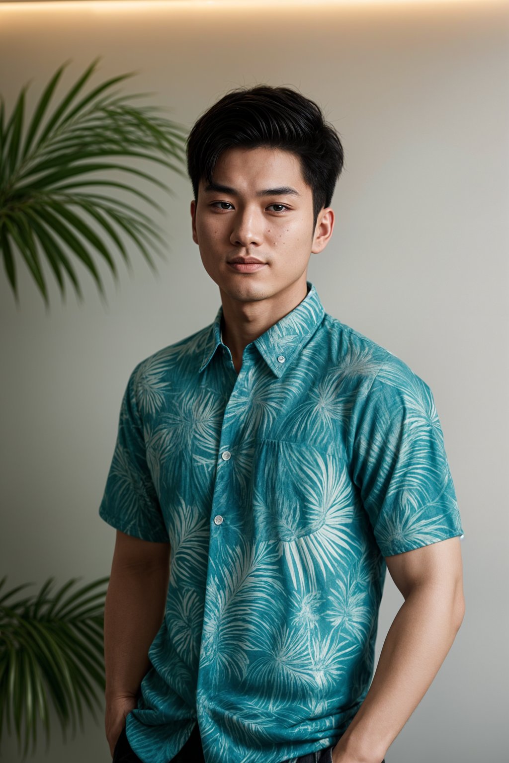 smiling man wearing  hawaii shirt in try on fashion shoot for Zara Shein H&M