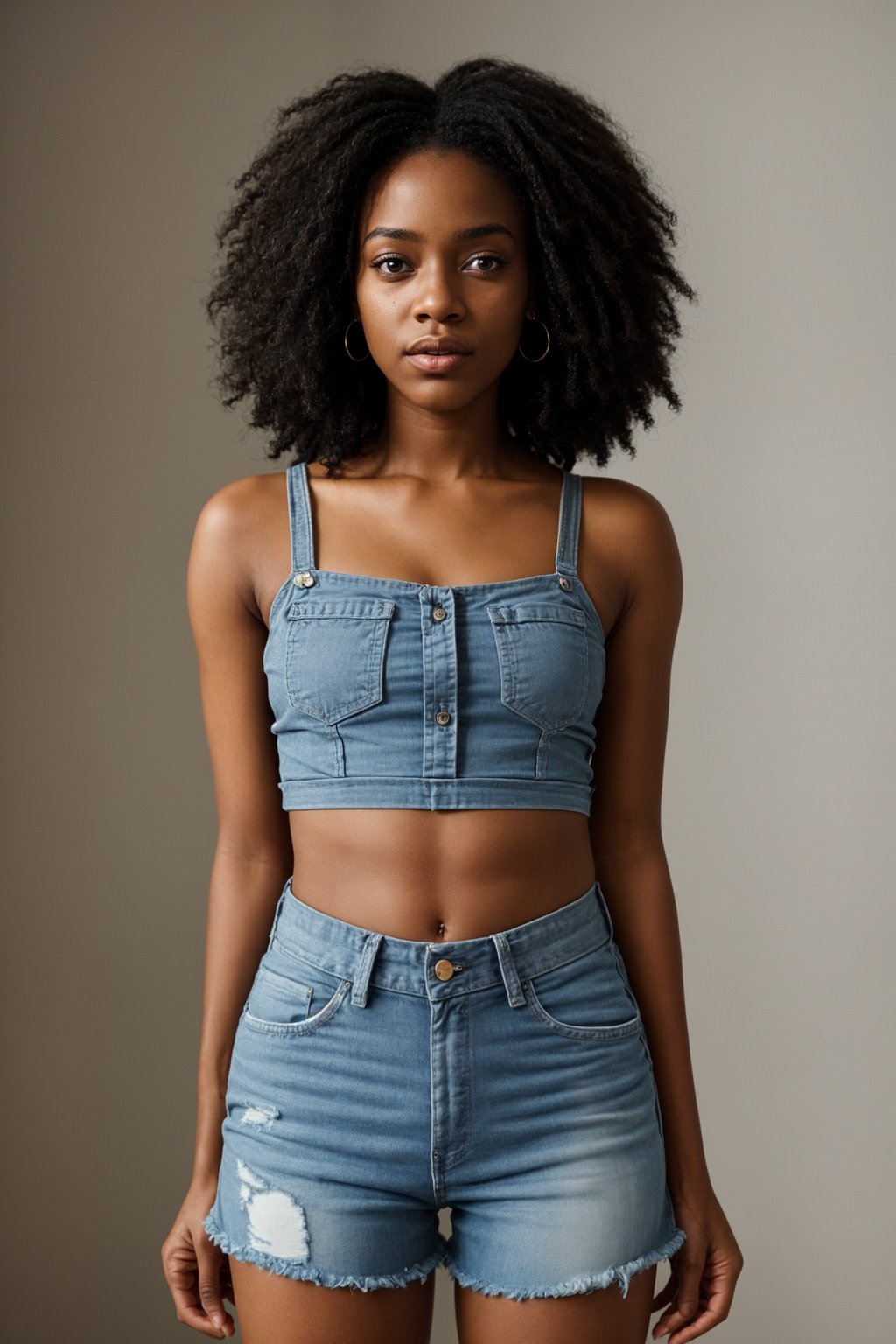 smiling woman wearing crop top and denim shorts  in try on fashion shoot for Zara Shein H&M