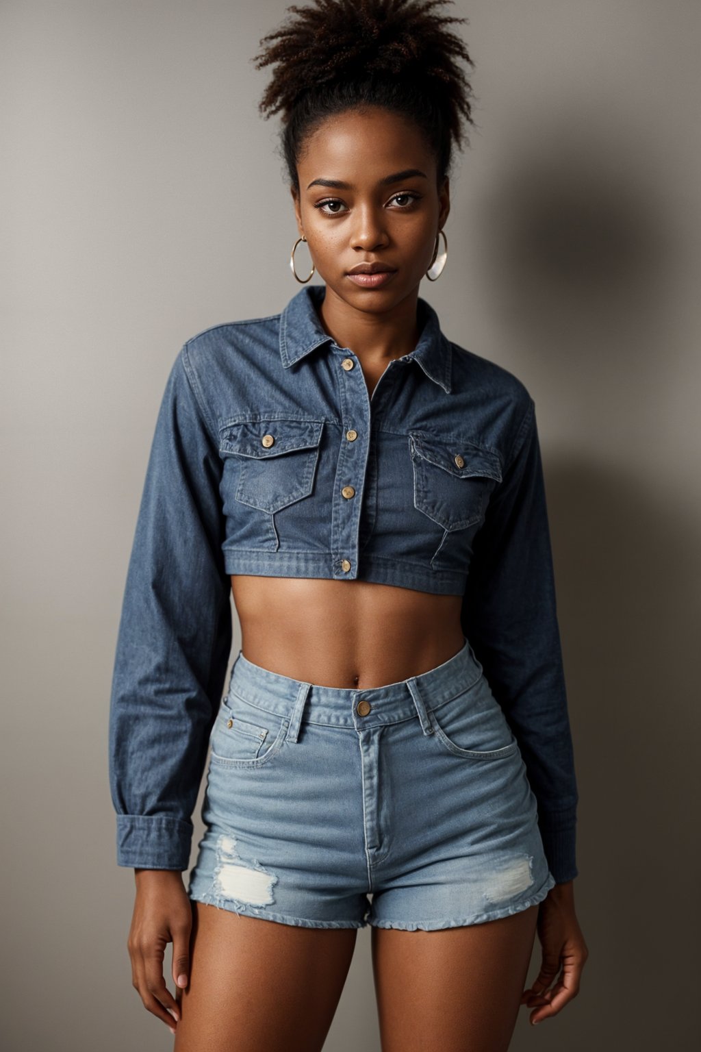 smiling woman wearing crop top and denim shorts  in try on fashion shoot for Zara Shein H&M