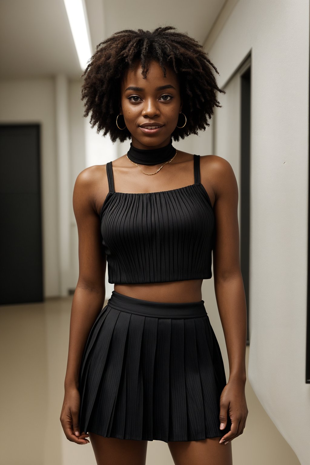 smiling woman wearing crop top and short pleated skirt  in try on fashion shoot for Zara Shein H&M