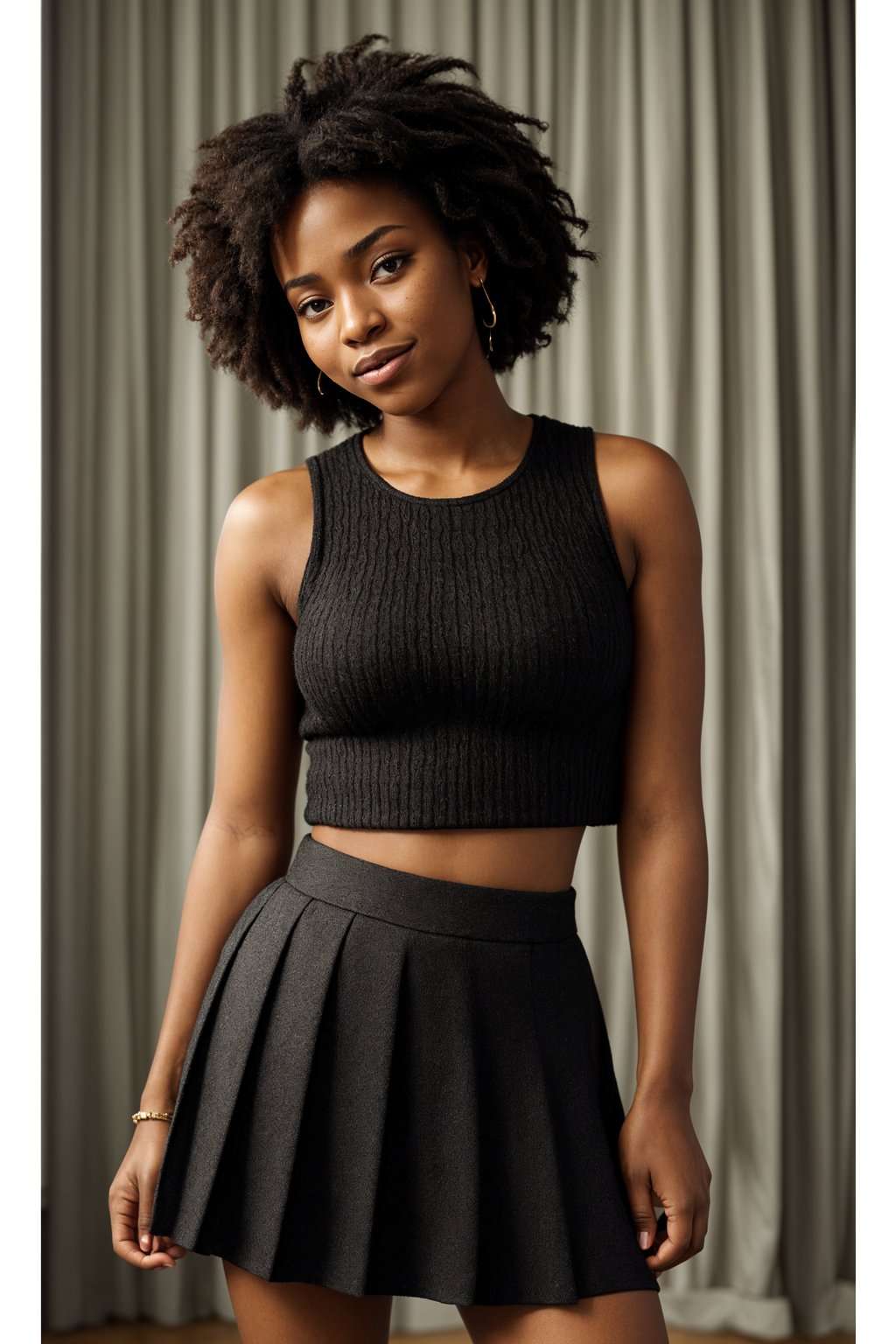 smiling woman wearing crop top and short pleated skirt  in try on fashion shoot for Zara Shein H&M