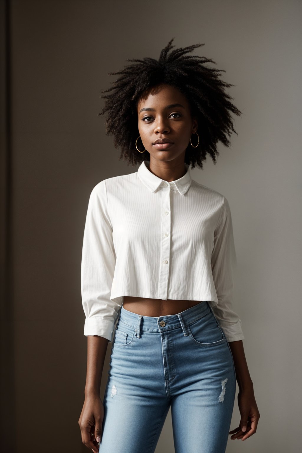 smiling woman wearing white cropped blouse and denim jeans  in try on fashion shoot for Zara Shein H&M