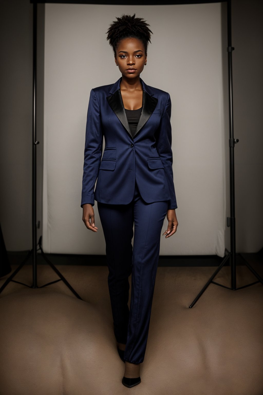 smiling woman wearing navy colopink pants suit  in try on fashion shoot for Zara Shein H&M