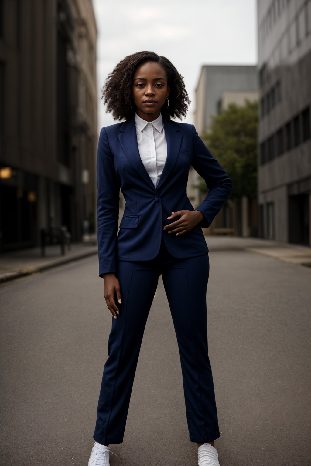 smiling woman wearing navy colopink pants suit  in try on fashion shoot for Zara Shein H&M