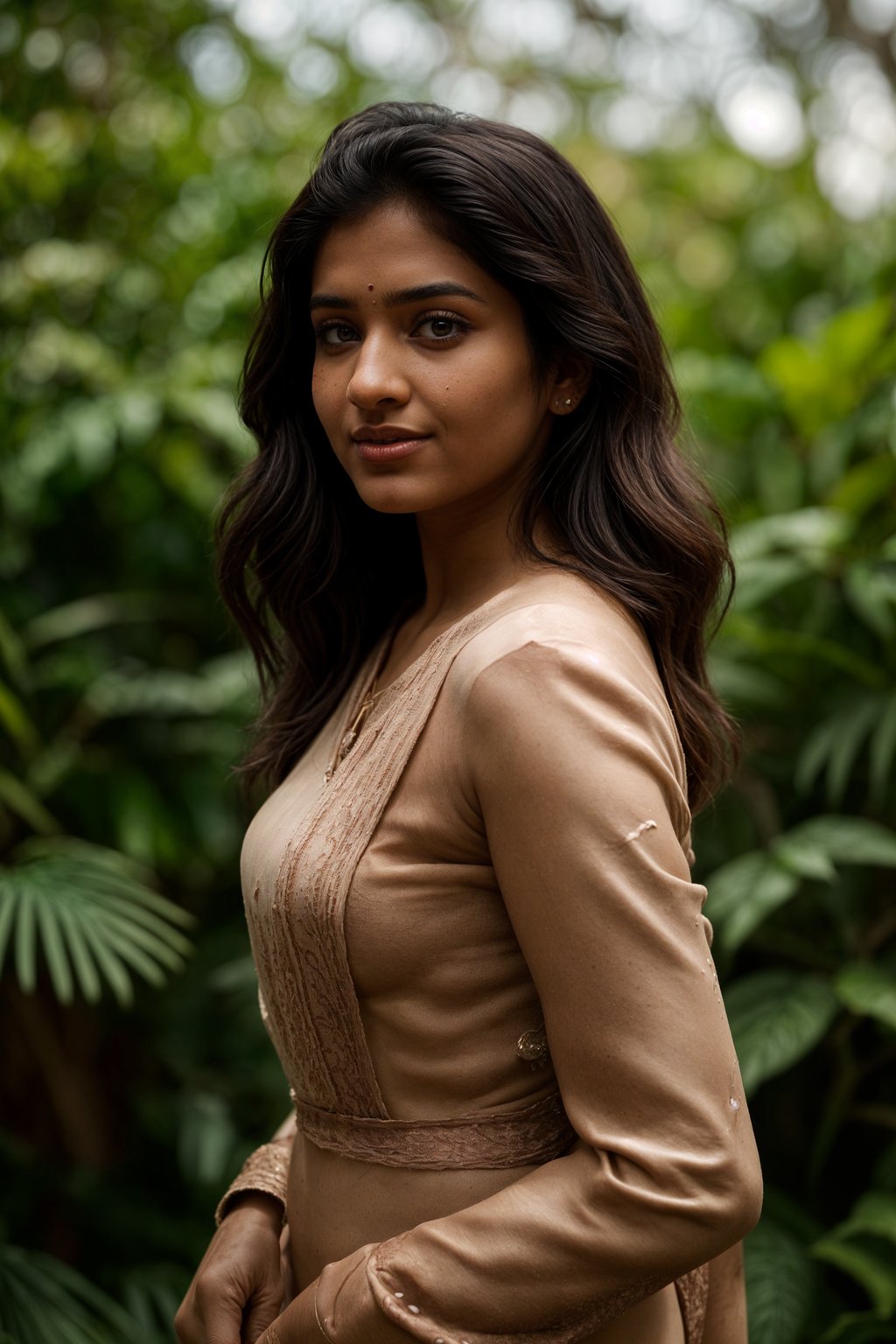 smiling woman wearing silk floral dress  in try on fashion shoot for Zara Shein H&M