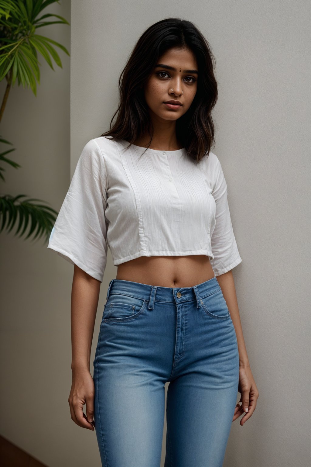 smiling woman wearing white cropped blouse and denim jeans  in try on fashion shoot for Zara Shein H&M