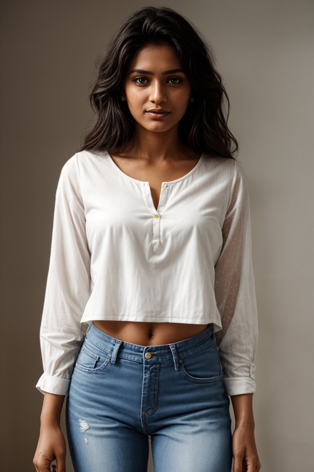 smiling woman wearing white cropped blouse and denim jeans  in try on fashion shoot for Zara Shein H&M