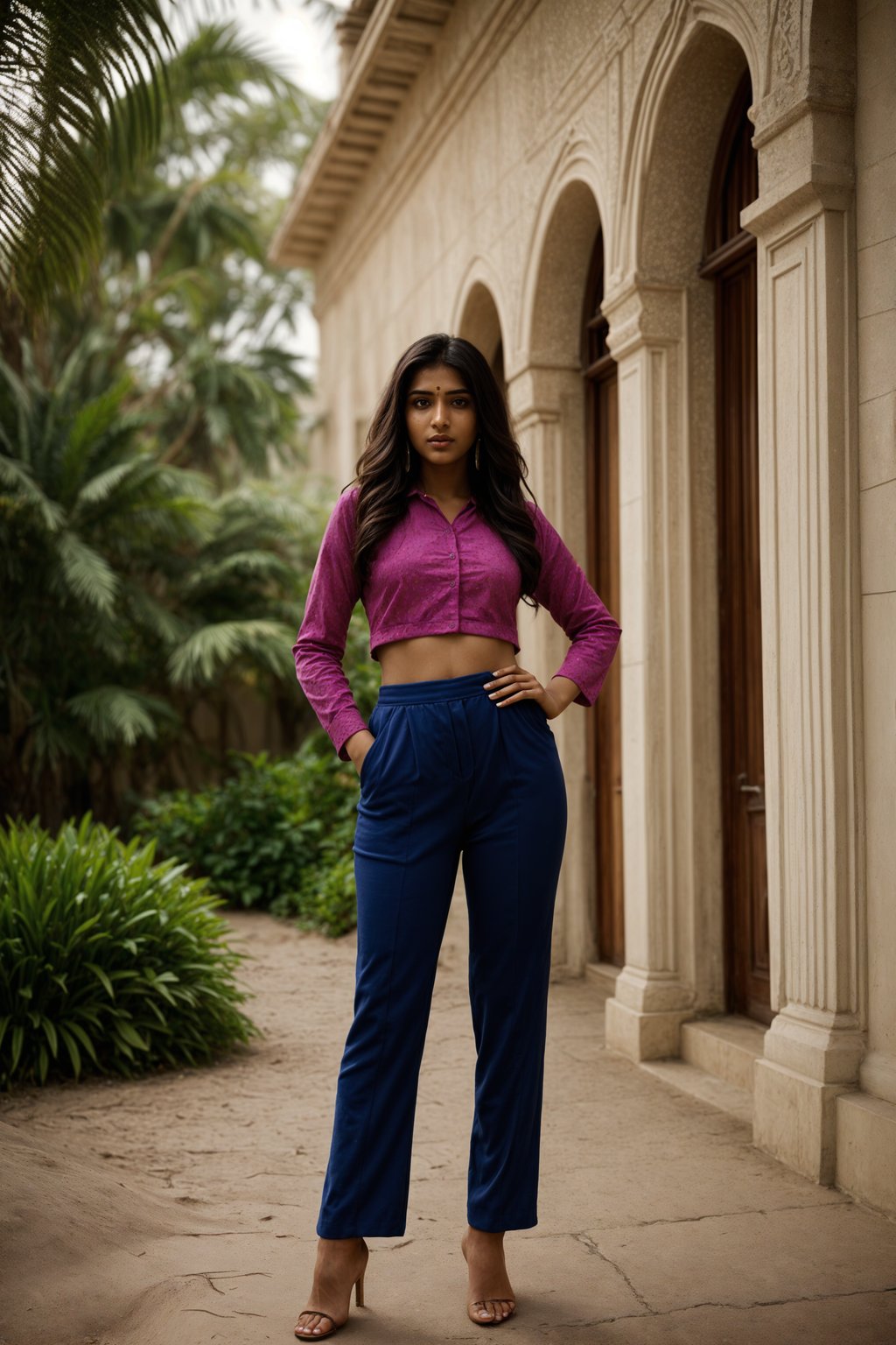 smiling woman wearing navy colopink pants suit  in try on fashion shoot for Zara Shein H&M