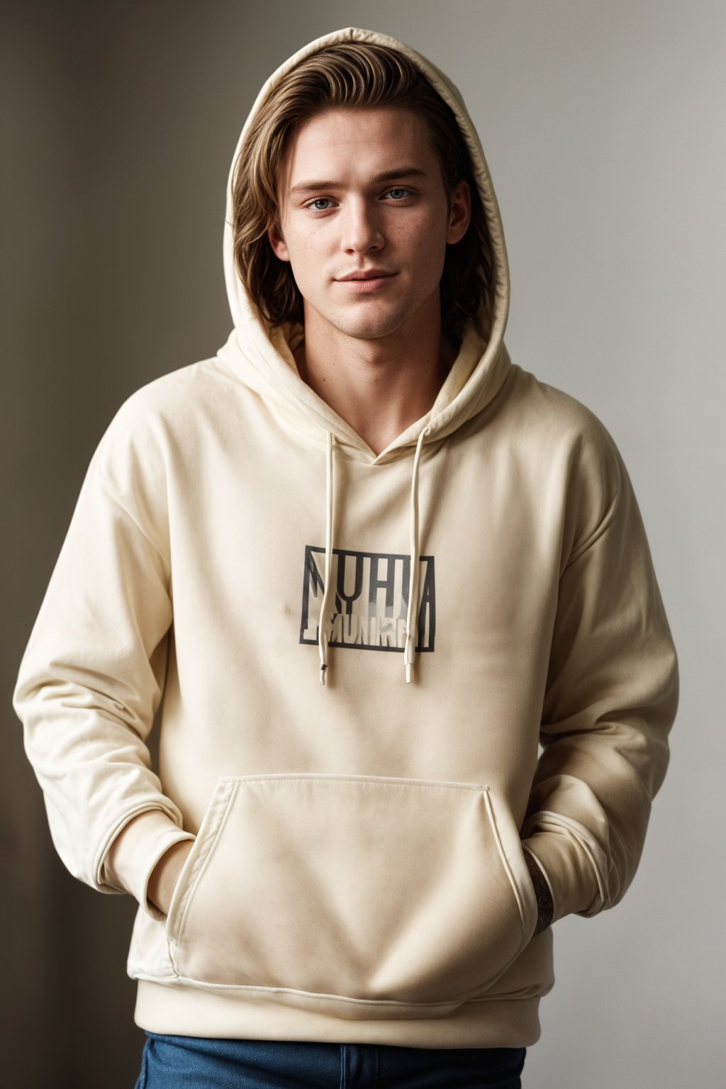 smiling man wearing  cream hoodie in try on fashion shoot for Zara Shein H&M