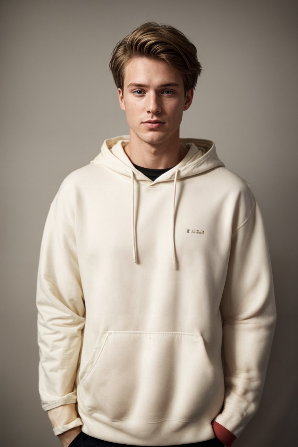 smiling man wearing  cream hoodie in try on fashion shoot for Zara Shein H&M