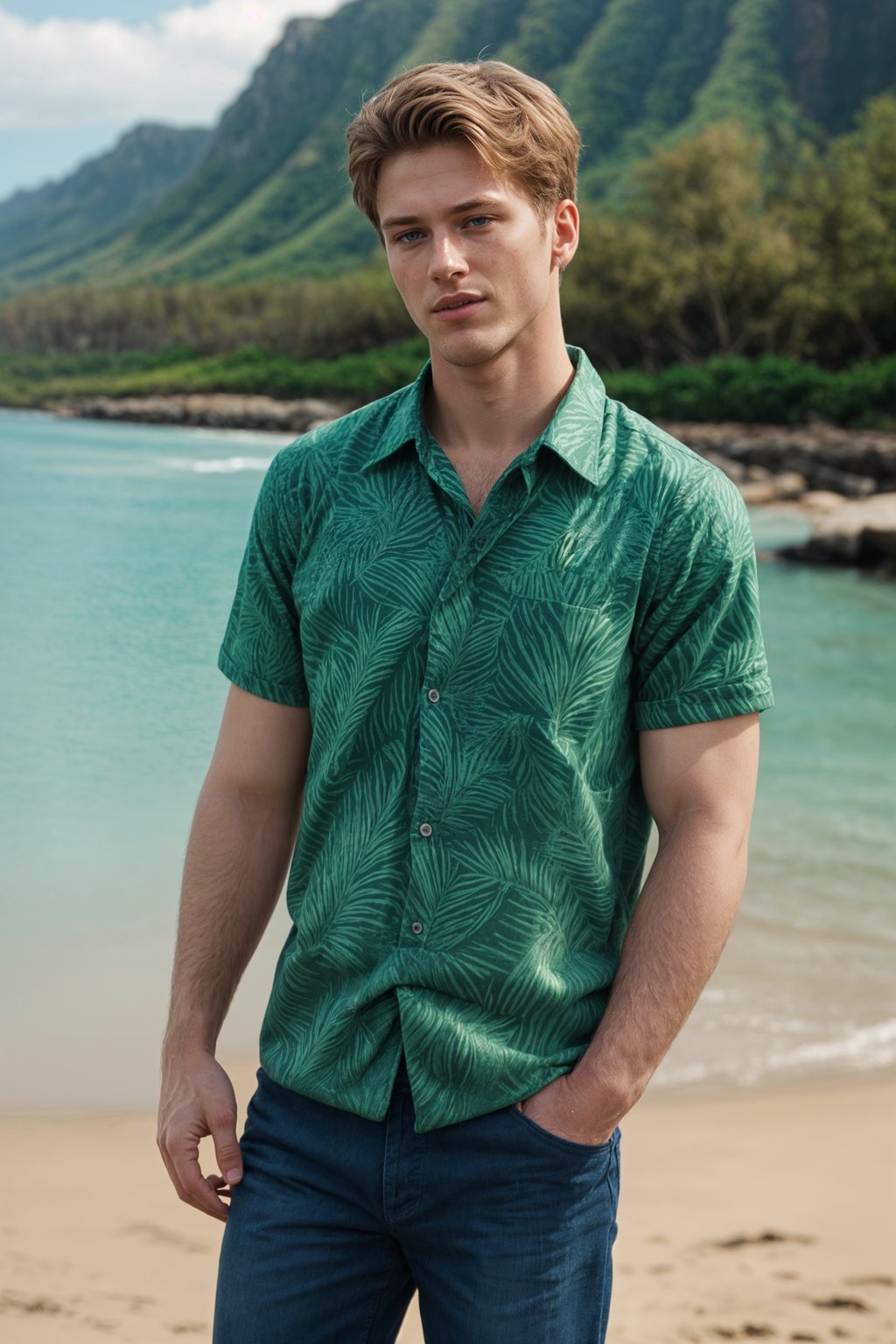 smiling man wearing  hawaii shirt in try on fashion shoot for Zara Shein H&M