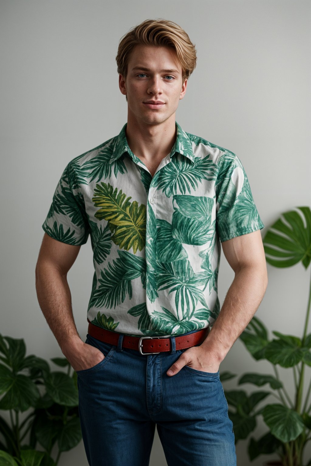 smiling man wearing  hawaii shirt in try on fashion shoot for Zara Shein H&M