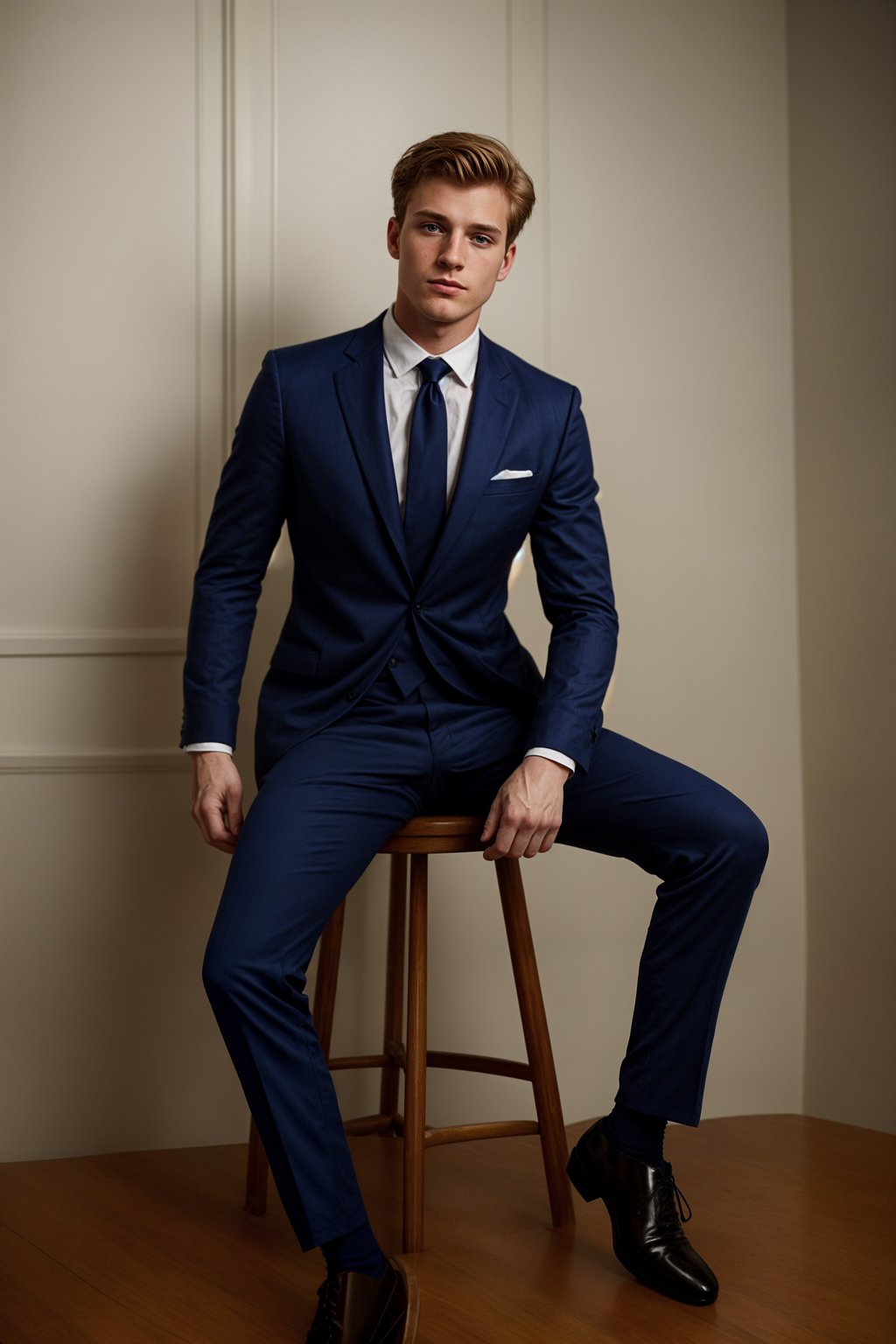 smiling man wearing  navy colored suit in try on fashion shoot for Zara Shein H&M