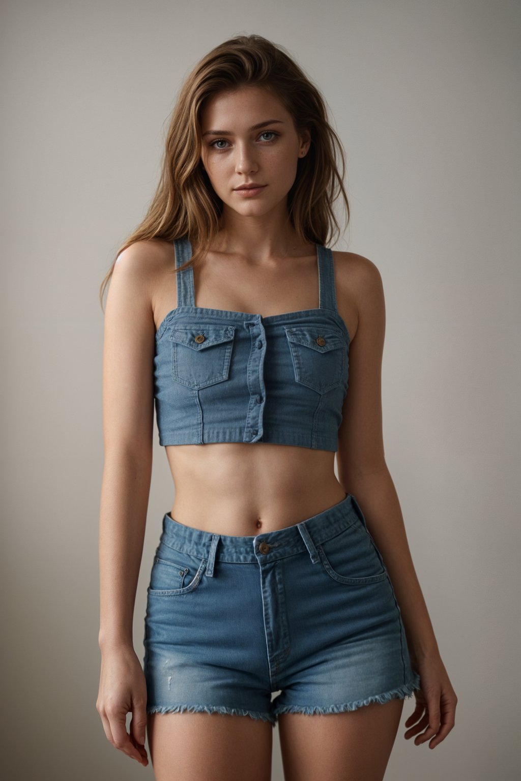 smiling woman wearing crop top and denim shorts  in try on fashion shoot for Zara Shein H&M