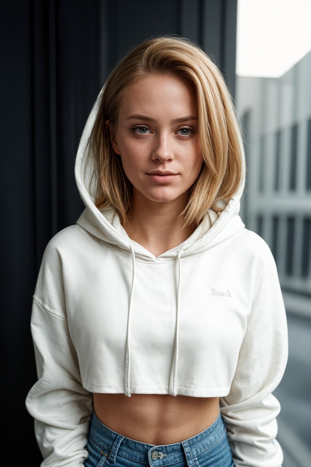 smiling woman wearing cropped cream hoodie  in try on fashion shoot for Zara Shein H&M