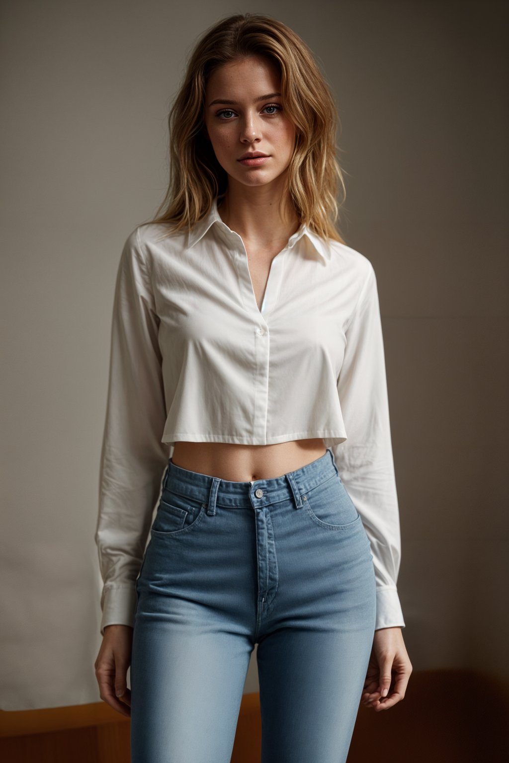 smiling woman wearing white cropped blouse and denim jeans  in try on fashion shoot for Zara Shein H&M