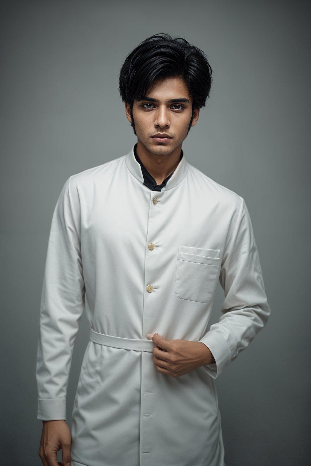 Korean man (with black hair) (as korean kpop k-pop idol) posing for photo, wearing Korean clothes, Korean fashion, Korean fashion, Korean makeup, (in front of solid background)