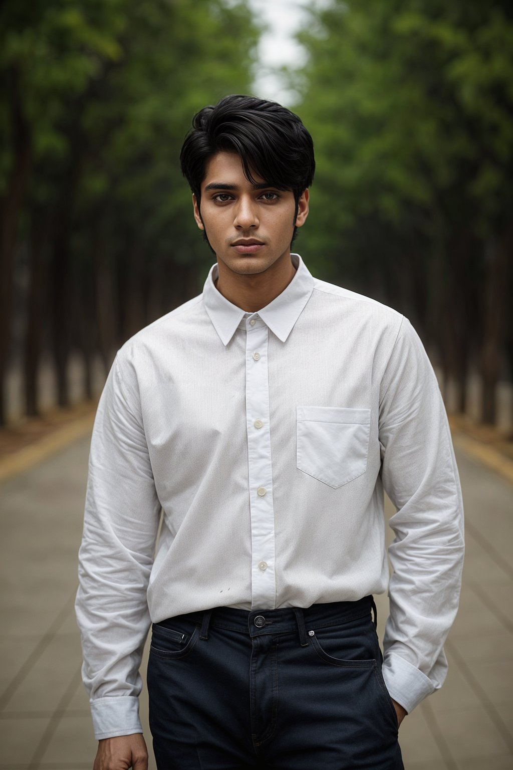 Korean man (with black hair) (as korean kpop k-pop idol) posing for photo, wearing Korean clothes, Korean fashion, Korean fashion, Korean makeup, (in front of solid background)