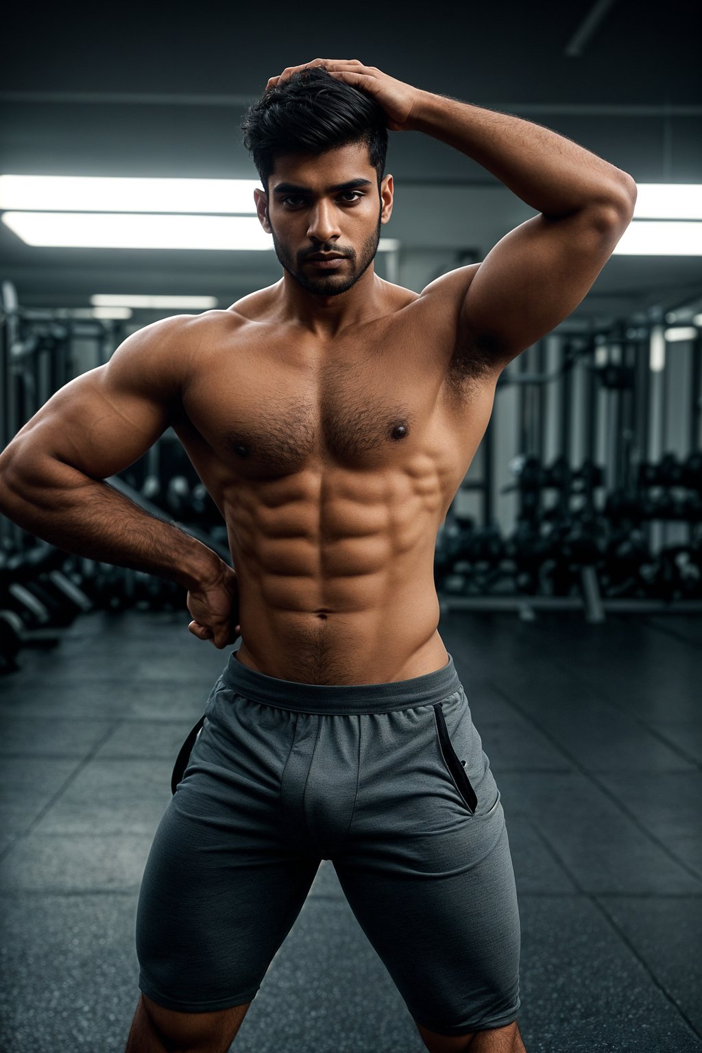 masculine  man wearing yoga pants or shorts and sports top in the fitness gym working out. dramatic lighting highly detailed