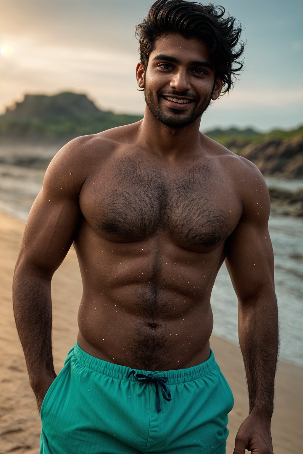 smiling masculine  man in solid color bikini on the beach, wet hair, swimsuit sports illustrated FHM maxim photos