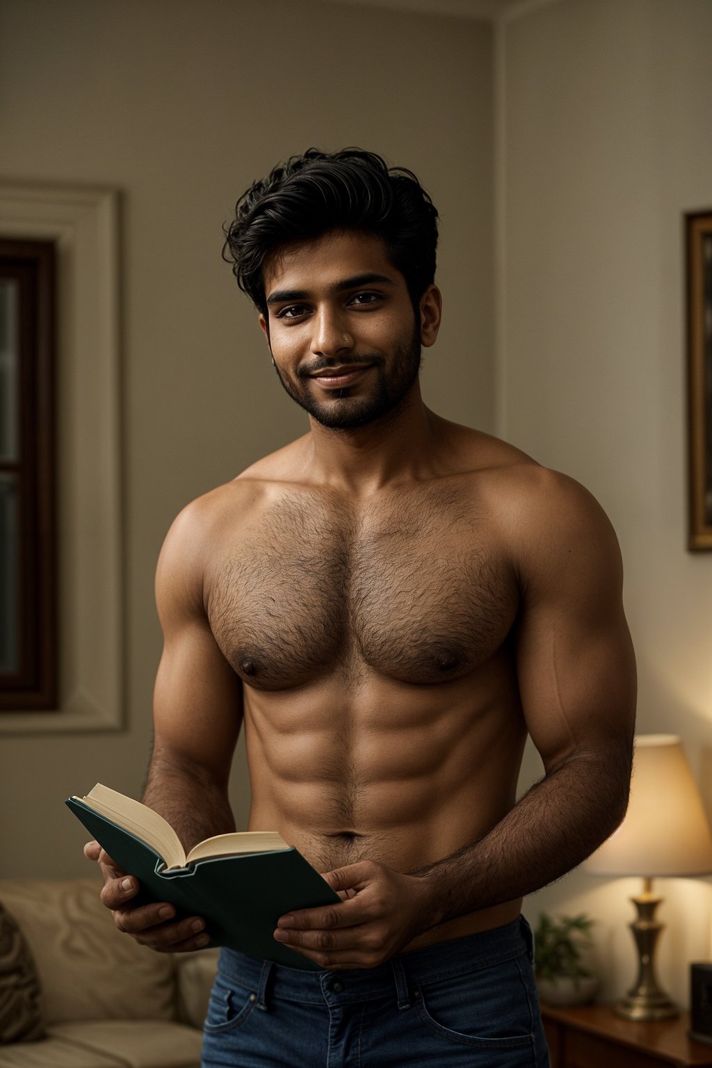 smiling masculine  man reading a book in a cozy home environment