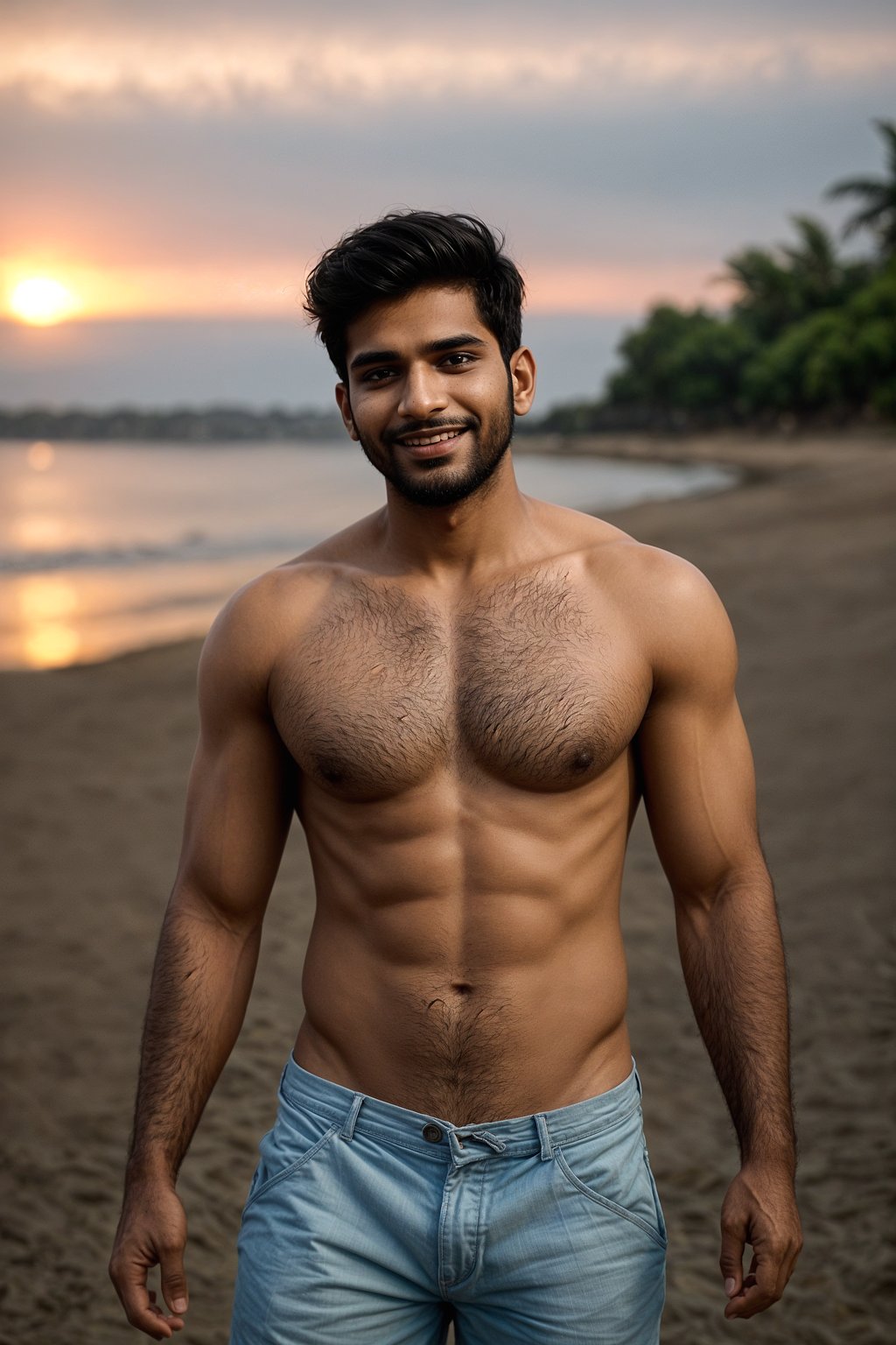 smiling masculine  man enjoying a sunset at a beach or park