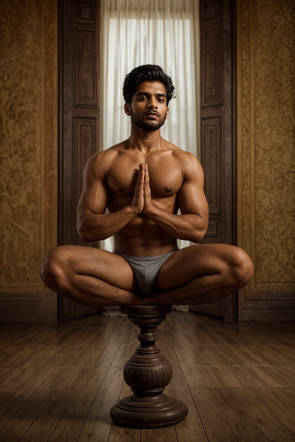 an attractive masculine  man practicing yoga or meditation, showcasing their balance and inner peace