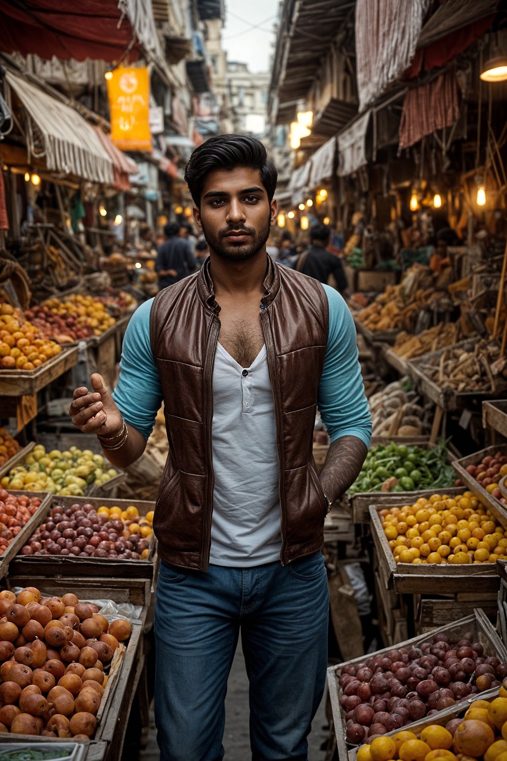 a stylish masculine  man exploring a vibrant market, interacting with vendors and discovering unique treasures.